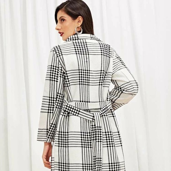 SHEIN Self Tie Plaid Pocket Black and White Coat - Picture 9 of 10